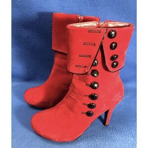 Crepe Myrtle Scarlet Velveteen Red With Black Button Heel Boots Size 8.5